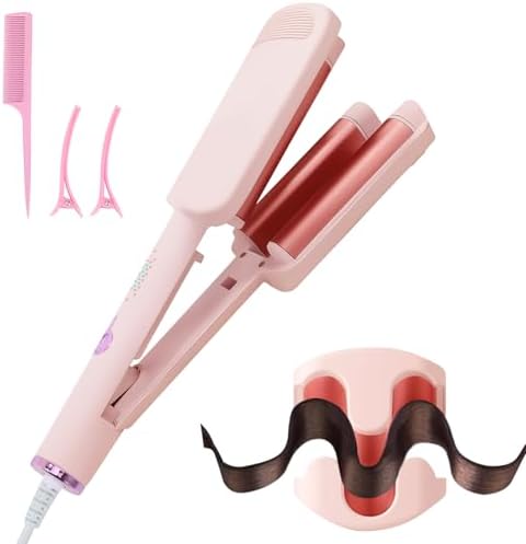 Curling Iron Hair Crimper Waver - CHIKYO 3 Barrel Rovy Wave Curling Iron, 1.25 Inch Ionic Beach Waves Curling Wand, Deep Waver Hair Curler Hot Tool with Ceramic for Women, Dual Voltage, Easy to Use