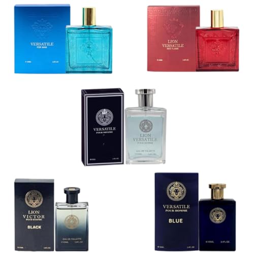 Lion Versatile Cologne for Men Pack of 5 Fragrance 3.4oz 100ml Each Natural Scent Fresh Aromatic Floral Masculine Oriental Woody Notes Individually Boxed Fragrance for Men