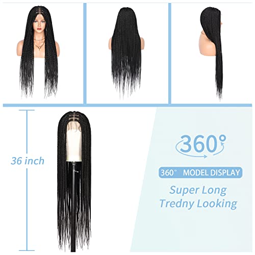 36" Knotless Braided Wigs Lace Front Box Braids Lace Frontal Wig for Women Premium Synthetic Black Hand Full double lace Braid Wig With Baby Hair