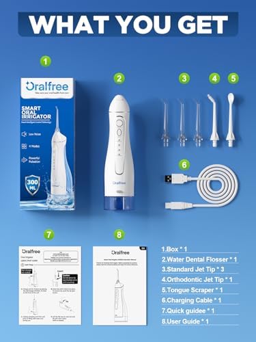 Oralfree Water Dental Flosser Cordless for Teeth Cleaning - 4 Modes Oral Irrigator 300ML Braces Flossers Cleaner, Rechargeable Portable IPX7 Waterproof Powerful Battery for Travel Home