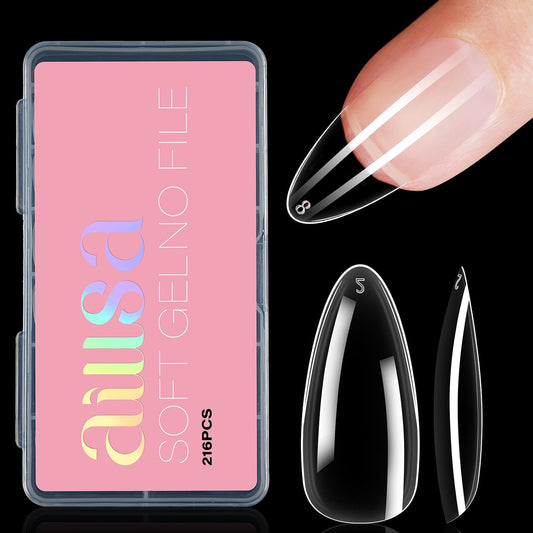 AILLSA Medium Almond Nail Tips Soft Clear Gel Nails Tips Preshaped Full Cover Nails Tip False Gelly Nail Tip for Nails Extension with Storage Box 216pcs 12 Sizes