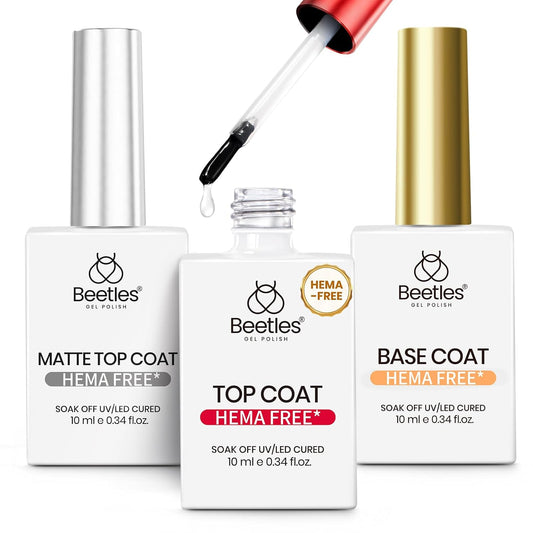 Beetles Hema Free Gel Top and Base Coat with Matte Top Coat Set, 3Pcs for Gel Nail Polish Soak Off UV LED Long Lasting Glossy & Matte Finish Nail Art Essentials