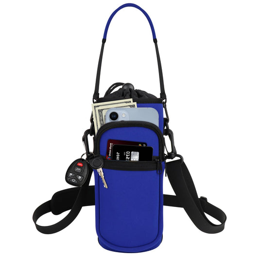 Bstge Water Bottle Holder with Strap, Water Bottle Carrier Bag with Phone Pocket, Shoulder Hand Strap Insulated Neoprene 32 oz Water Bottle Sleeve for Walking Hiking Camping Gym(Blue)