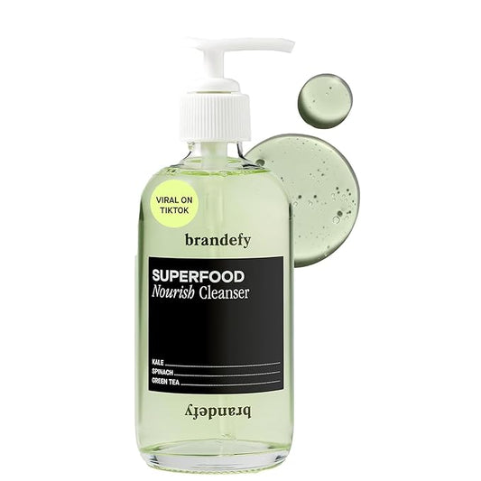 Brandefy Superfood Face Wash, Gentle & pH Balanced Cleanser w/Kale, Green Tea, Spinach, Vitamin C, E, K2- Softens & Nourishes Skin, Organic Facial Cleanser for All Skin Types (8 Fl Oz)
