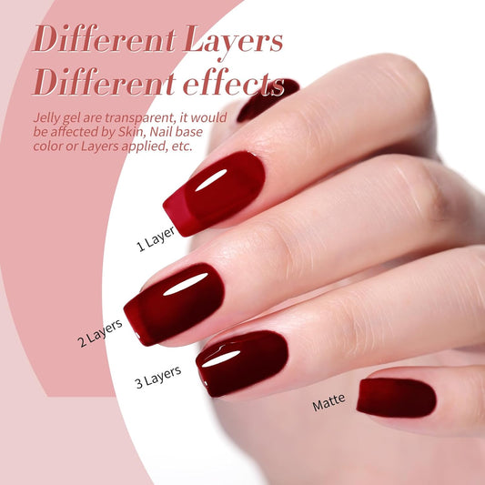 Born Pretty Jelly Burgundy Gel Nail Polish Fall Winter Blood Wine Red Nude Pink Gel Polish Sheer Transparent Halloween Gel Polish Kit Wild Rose for Salon Manicure and Nail Art DIY at Home 6Colors
