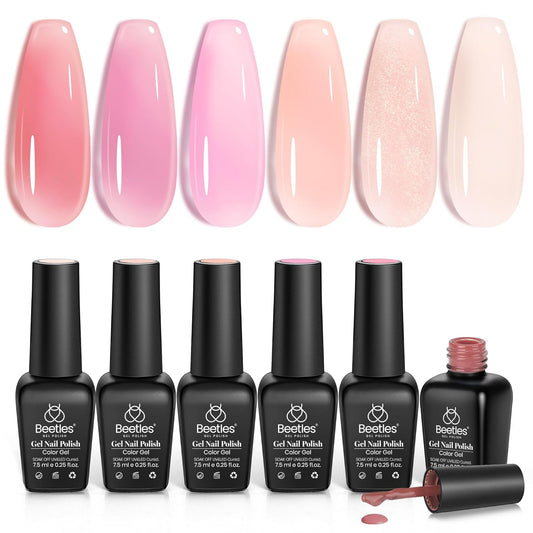 Beetles Jelly Gel Nail Polish Set, 6 Colors Jelly Nude Pink Gel Polish Kit Neutral Sheer Shimmer Glitter Translucent Effect Soak off Uv Nail Concealer DIY Manicure Spring Summer Gift for Women