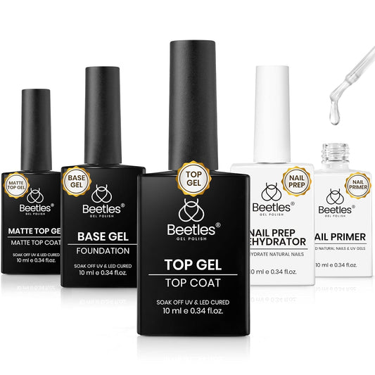 Beetles Gel Top Coat and Base Coat Set with Nail Dehydrator and Primer, 5 Pcs 10ml Glossy & Matte Top Coat Gel Nail Polish Nail Prep Acid-Free and Hema-Free Dehydrate Bond Primer Set for Acrylic