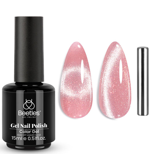 Beetles Cat Eye Gel Nail Polish, Pink Glitter Gel Polish with Magnet,Spring Glass Cat Magnetic Shimmer Salon DIY Gifts For Women