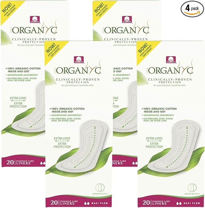 Organyc 100% Certified Organic Cotton Flat Panty Liner - Everyday Sanitary Pad, Free from Wood Pulp, Perfumes, SAP and Chemicals - Maxi Flow, 20 Count (Pack of 4)