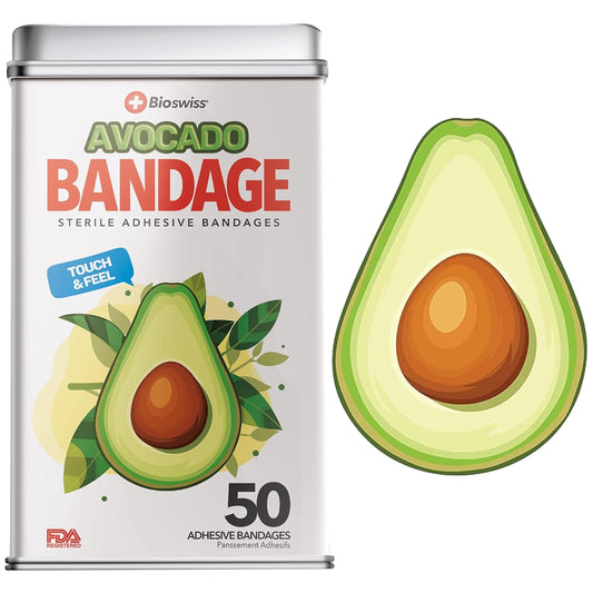 BioSwiss Bandages, Avocado Shaped Self Adhesive Bandages, Latex Free Sterile Wound Care, Fun First Aid Kit Supplies for Kids, 50 Count