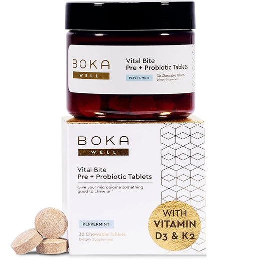 Boka Vital Bite Oral Pre + Probiotics - Sugar-Free Nut-Free Chewable Dental Probiotics for Teeth and Gums with BLIS K12, Vitamin D3 K2 for Men Women, Freshens Breath - Peppermint, 30 ct