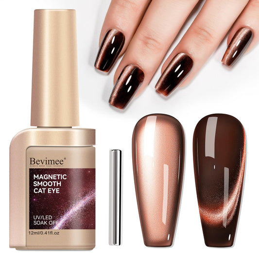 Bevimee Cat Eye Nail Polish Gel, Dark Brown, Moonlight Magnetic Gel Nail Polish With Magnet Stick, Glitter Holographic Shimmer UV Velvet Gel Nail Art Manicure Salon DIY Home, 12ML
