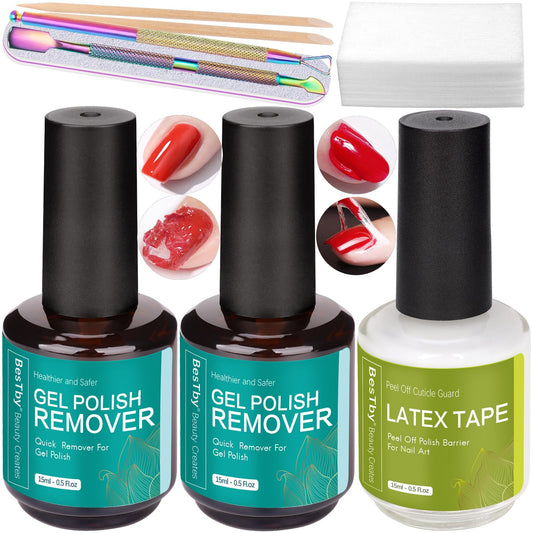 BesTby Gel Nail Polish Remover - (2pcs 15ml/0.5 oz) and Liquid Latex Tape Protect Cuticle, 2-5 Minutes Quickly & Easily Remove Gel Nail Polish