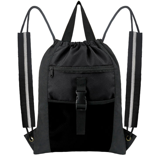 BeeGreen Drawstring Backpack X-Large Gym Bag with Inner Zipper Pocket for Men Women Waterproof Basketball Soccer Sport Bag w Mesh & Zipper Pocket Cinch Sack Black