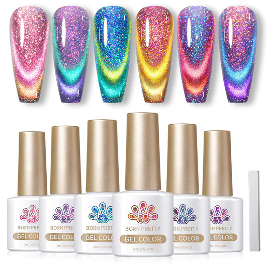 BORN PRETTY Cat Magnetic Gel Nail Polish 9D Chameleon Holorgraphic Cat Magnetic Eye Gel Polish Glitter Gel Polish Set 6PCS