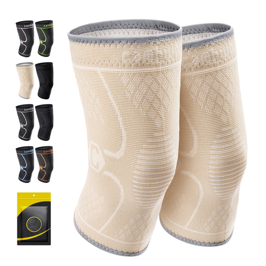 CAMBIVO 2 Pack Knee Brace, Knee Compression Sleeve for Men and Women, Knee Support for Running, Workout, Gym, Hiking, Sports (Beige,Medium)